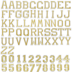 Parches de tela de bordado computarizado gorgecraft, accesorios de vestuario, apliques, letra a ~ z y número 0~9, oro, 72 unidades / bolsa