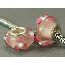 Handmade Bumpy Lampwork European Beads, Large Hole Beads, with Silver Color Brass Core, Rondelle, Pink, about 15mm in diameter, 10mm thick, hole: 5mm