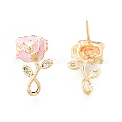 Brass Clear Cubic Zirconia Stud Earring Findings, with Enamel and Horizontal Loops, Flower, Golden, Cadmium Free & Nickel Free & Lead Free, Pearl Pink, 16.5x11mm, Hole: 2x3mm, Pin: 0.7mm