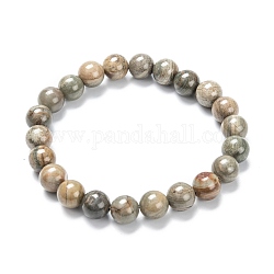 Bracelets de perles extensibles en jaspe feuille d'argent naturel, ronde, diamètre intérieur: 2-1/8 pouce (5.5 cm), perles: 8~9 mm