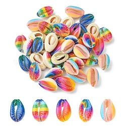 40Pcs 5 Styles Printed Natural Cowrie Shell Beads, No Hole/Undrilled, Rainbow Style, Mixed Color, 18~21x12~15x7mm, 8pcs/style