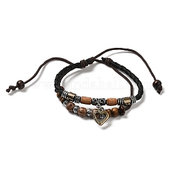Wooden Braided Double Layer Multi-strand Bracelets, Adjustable Bracelet with Alloy Heart Charms, Sienna, Inner Diameter: 2-3/8~3-3/8 inch(6~8.55cm)