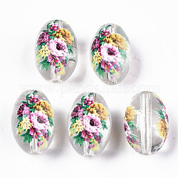 Perles de verre transparentes imprimées et peintes au pistolet, ovale avec motif floral, clair, 15x10mm, Trou: 1.6mm