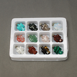 Pendentifs en pierres gemmes, avec fermoirs en laiton, pierre mixte naturelle et synthétique, couleur mixte, 26x15x7mm, Trou: 6x2mm, 12 pcs / boîte