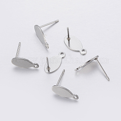 304 Stainless Steel Stud Earring Findings, with Loop, Oval, Stainless Steel Color, 12x6x0.8mm, Hole: 1mm, Pin: 0.8mm
