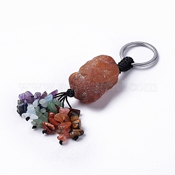 Natural Red Agate Nugget with Mixed Gemstone Chips Tassel Keychains, with 304 Stainless Steel Ring Clasps, 9~10.5cm