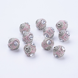 Perles rondes en Indonésie manuelles, avec cabochons de verre et de métal couleur argent doubles noyaux en alliage d'antiquités, rose, 14~15x15~16mm, Trou: 2mm