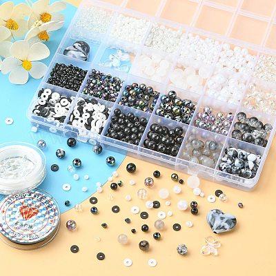 Kit bracelet fil élastique perles en verre noire et résine - Un