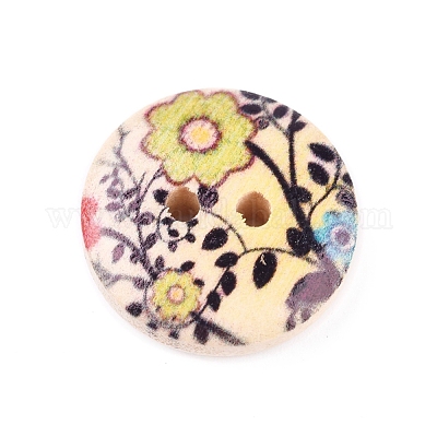 2-Hole Printed Wooden Buttons, for Sewing Crafting, Flat Round with Mixed Flower Pattern, Dyed, Mixed Color, 14.5~15x4mm, Hole