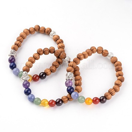 Buddha tête chakra bracelets en perles de bois stretch BJEW-JB02224-1