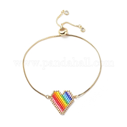 Bracelet coulissant en forme de cœur tressé avec des graines japonaises de couleur arc-en-ciel BJEW-MZ00002-1