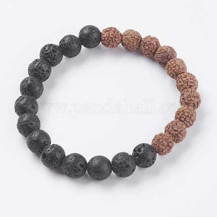 Natural Lava Rock and Rudraksha Beads Stretch Bracelets BJEW-I241-01-1