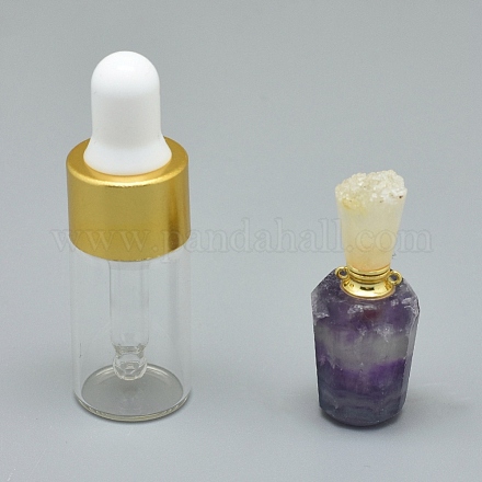 天然蛍石開閉式香水瓶ペンダント  真鍮のパーツとガラスのエッセンシャルオイルのボトル  30~35x13~15mm  穴：0.8mm  ガラス瓶容量：3ml（0.101液量オンス）  宝石の容量：1ml（0.03液量オンス） G-E556-03E-1