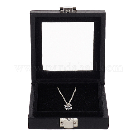 FINGERINSPIRE Novel Box Black Imitation Leather Jewelry Organizer Box with Glass Window and Clasps 3.6x3.78 inch Square Jewelry Gem Display Case Jewelry Gift Box（with White & Black Reversible Pad） CON-WH0087-76-1