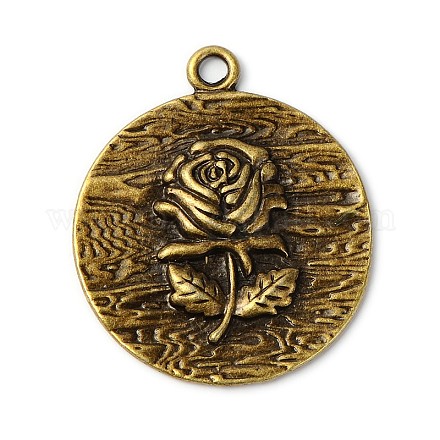 Flat Round with Rose Antique Bronze Plated Alloy Pendants X-EA11818Y-AB-1