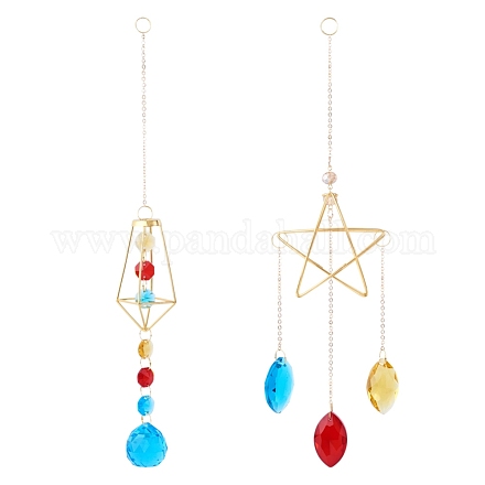 Elecrelive 2Pcs 2 Style Rhombus & Star Colorful Glass Hanging Crystal Pendant Ornament HJEW-EL0001-18-1
