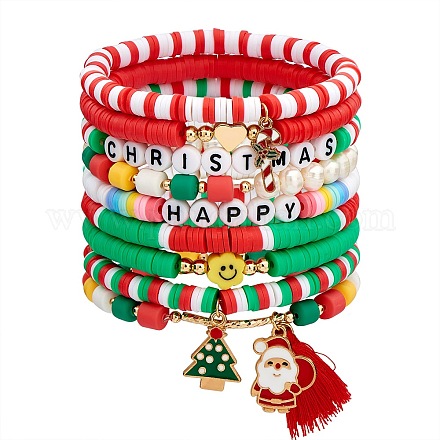 9Pcs 9 Style Word Happy Christmas Handmade Polymer Clay Heishi Surfer Stretch Bracelets Set with Acrylic BJEW-SW00070-1