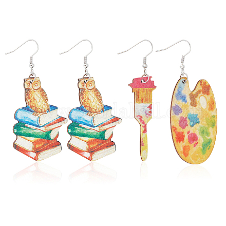 ANATTASOUL 2 Pair 2 Style Book & Brush & Palette Single Face Printed Wood Dangle Earrings EJEW-AN0002-74-1