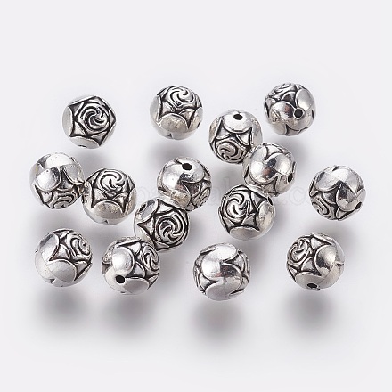 Tibetan Style Alloy Round Carved Rose Beads X-TIBEB-0892-AS-FF-1