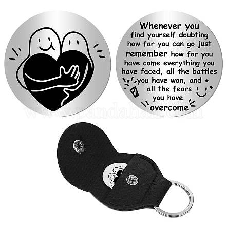 CREATCABIN Pocket Hug Token Long Distance Relationship Keepsake Stainless Steel Message Coin Double Sided Silver Tokens with PU Leather Keychain for Memorial Inspirational Gift 1.2 x 1.2Inch AJEW-CN0001-76B-1