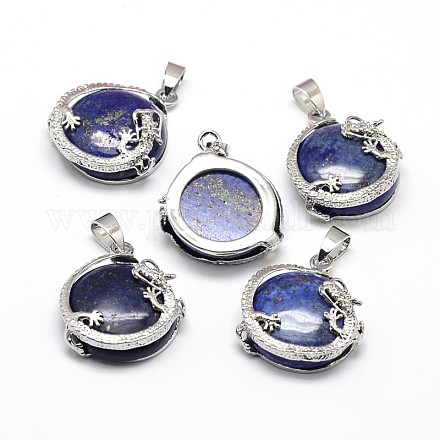 Flat Round with Dragon Platinum Tone Brass Dyed & Heated Natural Lapis Lazuli Pendants G-F228-24D-RS-1
