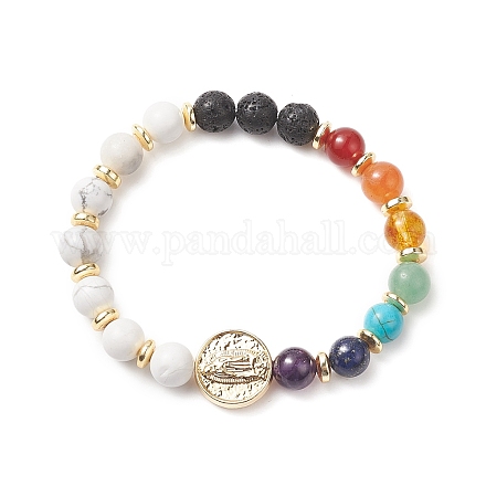 Natural & Synthetic Mixed Gemstone & Brass Virgin Mary Beaded Stretch Bracelet for Women BJEW-JB09323-1