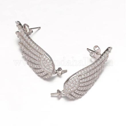 Wing Brass Micro Pave Cubic Zirconia Stud Earring Findings for Half Drilled ZIRC-K018-03P-1