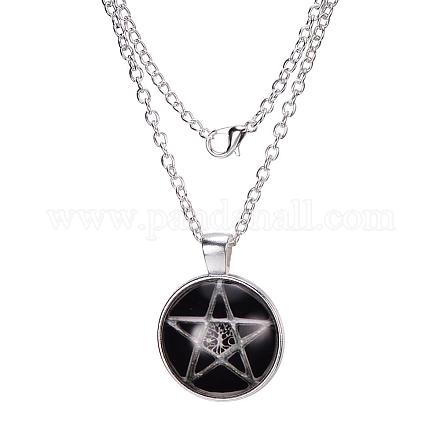 Star with Tree of Life Pattern Flat Round Glass Pendant Necklaces X-NJEW-N0051-006I-02-1