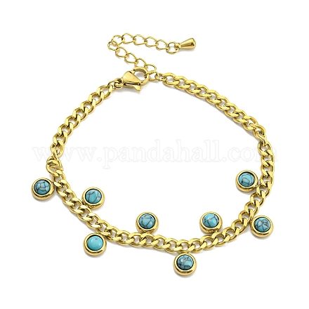 Synthetic Turquoise Flat Round Charm Bracelet BJEW-H324-03G-1