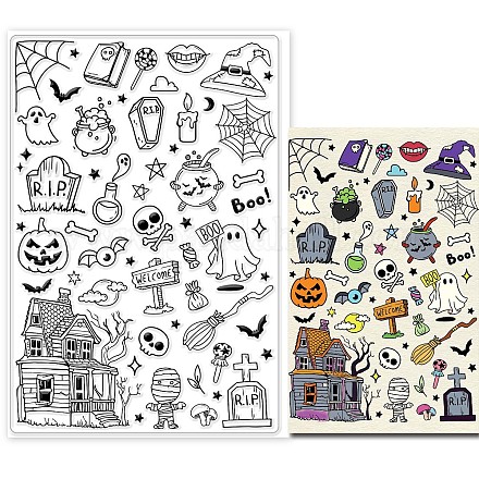 GLOBLELAND Halloween Ghost Clear Stamps for DIY Scrapbooking Pumpkin Zombie Tombstone Silicone Clear Stamp Seals Transparent Stamps for Cards Making Photo Album Journal Home Decoration DIY-WH0448-0045-1