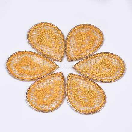 ポリエステル織りの大きなペンダント装飾  鉄パーツ  花と涙  ライトゴールド  オレンジ  53~54.5x37.5x2mm WOVE-T008-04C-1