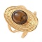 Oval Natural Tiger Eye Finger Rings, Ion Plating(IP) 304 Stainless Steel Cuff Rings for Women, Soldered, Real 14K Gold Plated, 24mm, Gemstone: 11.5x9.5mm, Adjustable