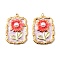 304 Stainless Steel Enamel Pendants, with with ABS Imitation Pearl, Rectangle with Flower Charm, Golden, Hot Pink, 25.5x18x5mm, Hole: 1.5mm