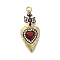 Brass Rhinestone Pendants, Heart, with Jumping Ring, Lead Free & Cadmium Free, Golden, Dark Red, 32.5x15x5.5mm, Hole: 3mm