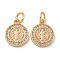 Brass Micro Pave Clear Cubic Zirconia Pendants, Round with St Benedict Religious, with Jump Rings, Real 18K Gold Plated, 12x10x2mm, Ring: 5x0.8mm, Hole: 3mm