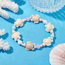 Эластичные браслеты из окрашенного натурального малайзийского нефрита и синтетической бирюзы черепахи&nbsp;BJEW-JB09949-01