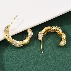 Серьги-гвоздики с микропаве из прозрачных кубических цирконий в форме спирали из латуни EJEW-L275-16G-02