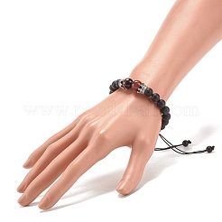 Браслет из плетеных бусин из натурального матового окрашенного и нагретого черного агата и тигрового глаза с литой короной&nbsp;BJEW-JB08249-05