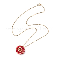 Ожерелья с цепочкой из натурального сердолика (окрашенного и нагретого) и стеклянных бусин с плоским круглым кулоном из нержавеющей стали 304&nbsp;NJEW-MZ00129-07