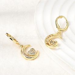 Серьги-кольца из латуни с микропаве и прозрачными кубическими циркониями в форме луны.&nbsp;EJEW-Z162-01G