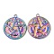304 Stainless Steel Pendants, Flat Round with Moon & Star Charm, Rainbow Color, 30x26.5x2.5mm, Hole: 3mm