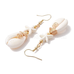 Серьги-подвески из латуни в форме морской звезды с синтетической бирюзой и ракушками каури&nbsp;EJEW-JE06141-02