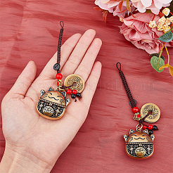 Латунный полый кулон «Счастливый кот и монета»&nbsp;KEYC-WH0038-05AG