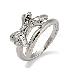 Двойные кольца из латуни с бантом и микро-паве с прозрачным фианитом&nbsp;RJEW-Z050-26P