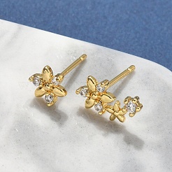Серьги-гвоздики из прозрачного кубического циркония с цветочным узором из латуни и микропаве&nbsp;EJEW-D318-05G
