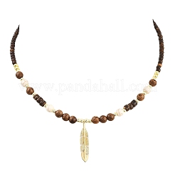 Ожерелья с подвесками в виде перьев из латуни с круглыми бусинами из окрашенной синтетической бирюзы&nbsp;NJEW-JN05460-01