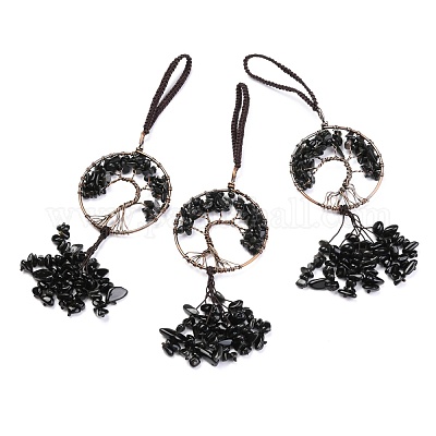 Обернутые проволокой чипсы натуральный обсидиан большие подвесные украшения HJEW-H057-02B-1