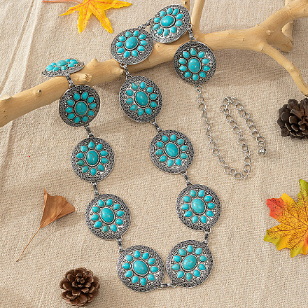 Богемская латунь паве синтетическая бирюза плоская круглая с цветочным звеном сплав цепи ремни для женщин FS-WG72103-01-1