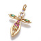 Brass Cubic Zirconia Pendants, Cross, Colorful, Golden, 30x20x3mm, Hole: 3mm