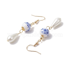 Круглые с цветочным узором фарфоровые керамические серьги-подвески&nbsp;EJEW-JE06347-01